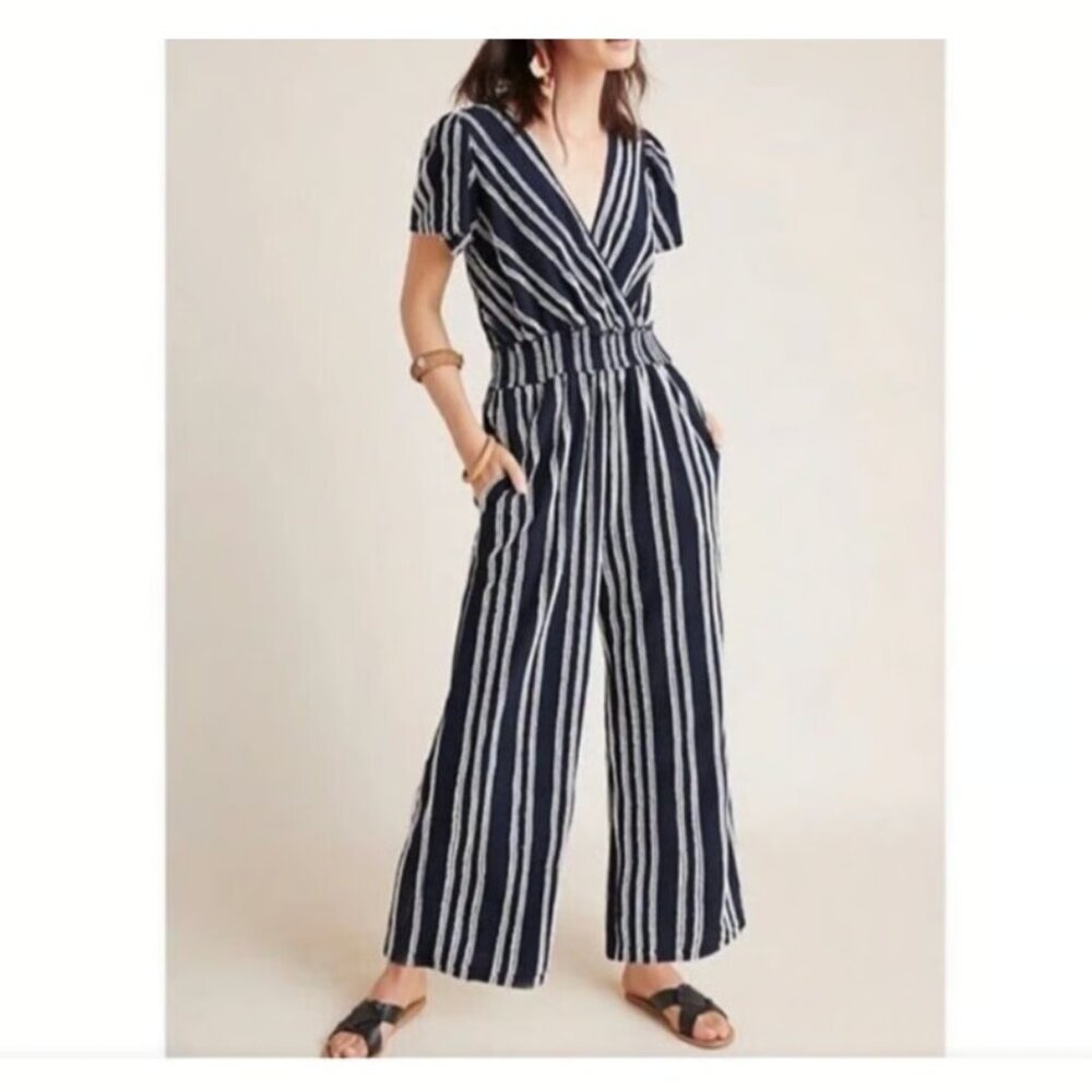 Anthropologie‎ Dolan Navy Blue and White Striped Ribbed Boho Jumpsuit Size 3X